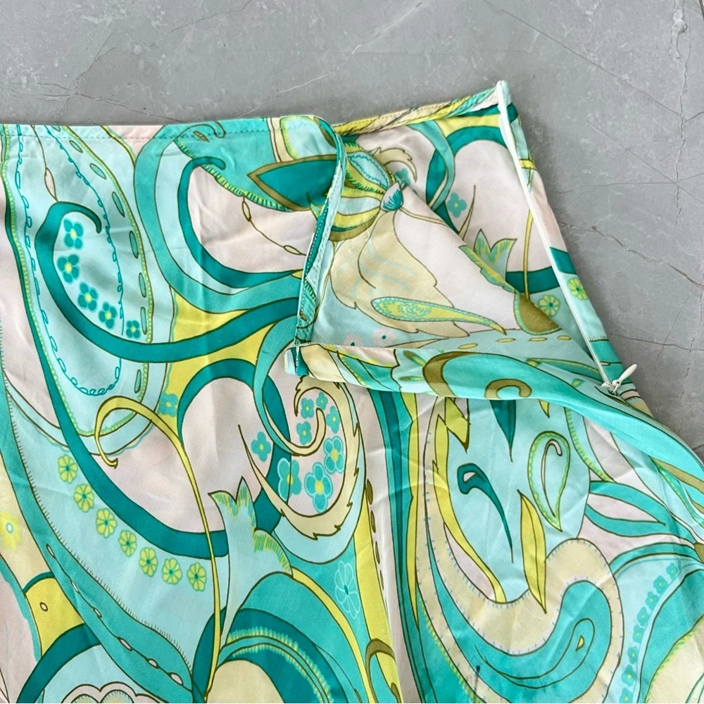 ZARA Sea Green Spring Multicolor 100% Viscose A Line Side Zip Midi Skirt Sz L